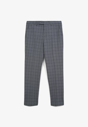 Pantalons à carreaux gris avec une coupe légèrement ajustée, présentant une taille plate, des passants de ceinture, des poches latérales et une texture de tissu lisse.