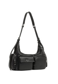 Sac à bandoulière en cuir noir avec de multiples poches zippées et boutonnées, une bandoulière réglable et une texture lisse. Présente des accents en métal argenté.