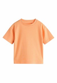Tricou cu mânecă scurtă de culoare portocaliu deschis, realizat din bumbac moale, cu gât rotund și croială lejeră, având textură netedă și design simplu.