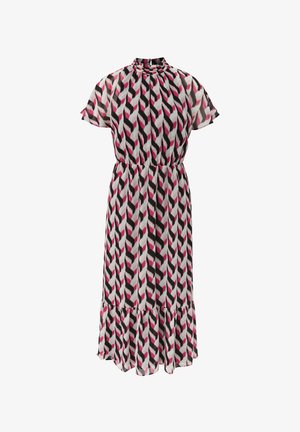 Robe transparente à motifs noirs, blancs et roses, avec un ourlet à volants, des manches courtes et un col froncé. Design fluide, avec une taille ajustée.