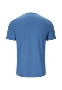 T-shirt bleu à manches courtes et col rond, vu de dos sur fond blanc.