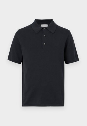 Black short-sleeve polo shirt with three buttons and a pointed collar, displayed against a plain white background.