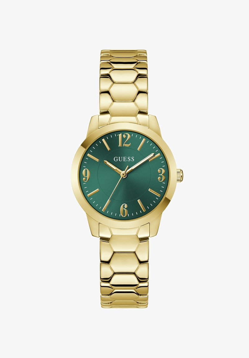Orologio con bracciale a maglie color oro, quadrante verde, indici delle ore dorati e logo "GUESS" alle 12.