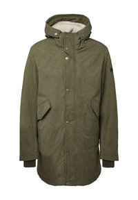 Olijfgroen parka-jack met een knoopsluiting aan de voorkant, een verstelbare capuchon en een zachte voering. Beschikt over twee zijzakken en geribbelde manchetten.