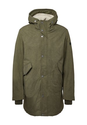 Tamsiai žalia parka striukė su mygtukais priekyje, reguliuojama kapuce ir minkšta pamušalu. Yra dvi šoninės kišenės ir banguoti rankogaliai.