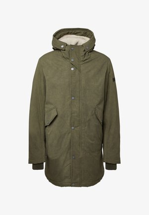 Olīvzaļš parka jaku ar pogu aizdari, regulējamu kapuci un mīkstu oderi. Satur divas sānu kabatas un ribota aproce.