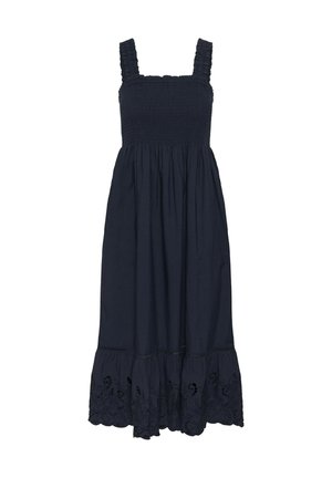 Vestido midi negro sin mangas con escote cuadrado fruncido, cintura recogida y detalle bordado en el dobladillo con ondas.