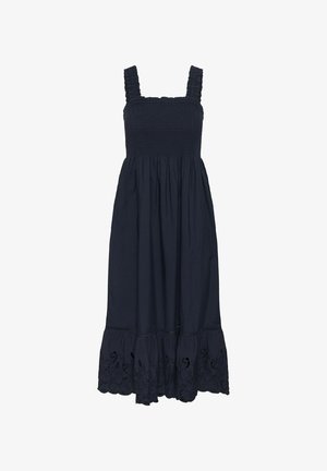 Vestido midi negro sin mangas con escote cuadrado fruncido, cintura recogida y detalle bordado en el dobladillo con ondas.