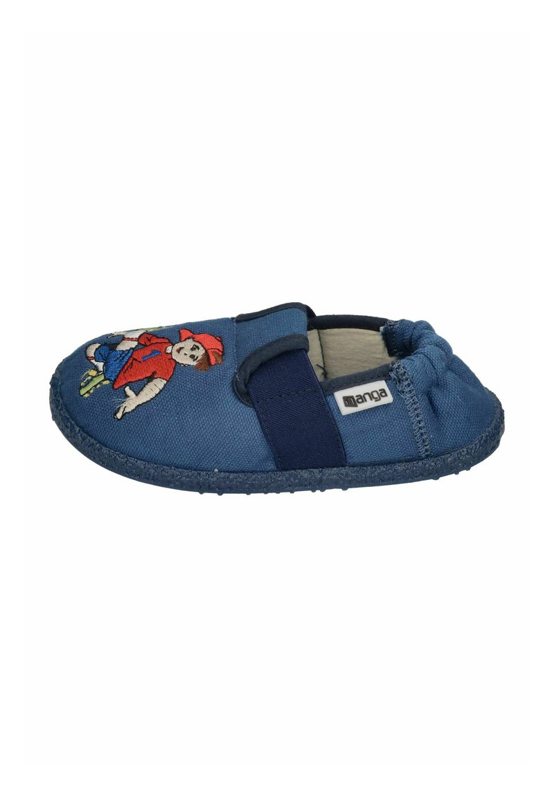 Blue canvas slipper with embroidered character design, elastic ankle, and rubber sole. Features a Velcro strap for secure fit.