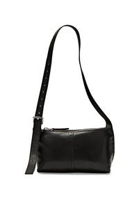 Borsa a spalla in pelle nera con chiusura a zip, forma rettangolare piatta, tracolla regolabile e dettagli di cucitura discreti lungo i lati.