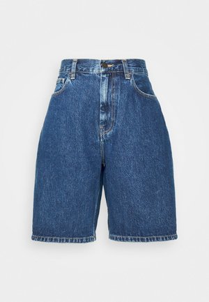 Denim shorts with a high waist, in a dark blue color. Features classic five-pocket style, straight cut, and folded hem. Cotton material.