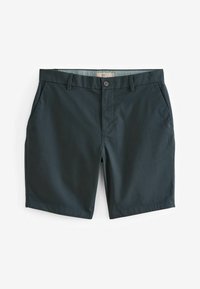 Pantaloni scurți negri pentru bărbați dintr-un material ușor, cu față plată, două buzunare laterale și închidere cu buton.