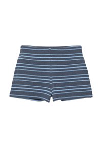 Donkerblauwe gebreide shorts met lichtblauwe horizontale strepen, met een aansluitende tailleband en een snit tot halverwege het bovenbeen.