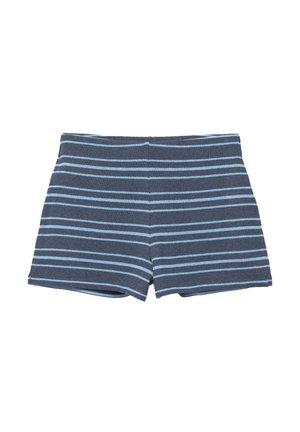 Donkerblauwe gebreide shorts met lichtblauwe horizontale strepen, met een aansluitende tailleband en een snit tot halverwege het bovenbeen.