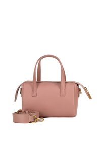 Borsa a mano in pelle rosa soffice con doppi manici e una tracolla rimovibile. Presenta una superficie liscia e dettagli in hardware color oro.