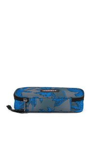 Pochette zip in grigio con motivo di foglie di palma blu, dotata di una cerniera solida e un tirante nero. Forma rettangolare compatta, tessuto resistente.