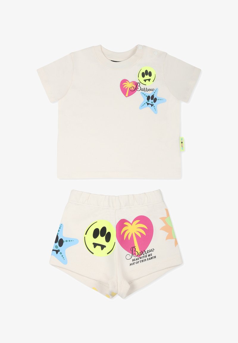 Lichtbeige katoenen set met een shirt met korte mouwen met kleurrijke graphics en shorts met een elastische taille, inclusief speelse ontwerpen.
