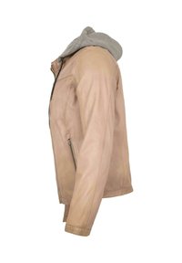 Light brown leather jacket with gray fabric hood, front zipper pocket, and long sleeves shown from the left side on a white background.