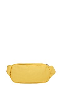 Riñonera de tela amarilla con forma rectangular, cierre de cremallera y correa ajustable. Textura suave y diseño minimalista.
