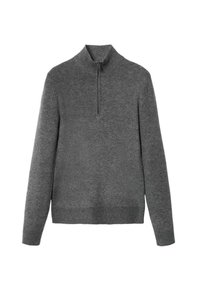 Grauer, gestrickter Pullover mit hohem Kragen und halblangem Reißverschluss. Verfügt über lange Ärmel und einen legeren Schnitt, gefertigt aus einem weichen, strukturierten Stoff.