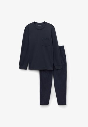 Chemise à manches longues bleu marine avec une poche et un pantalon assorti arborant un motif à rayures verticales, fabriqués en tissu doux, offrant une coupe décontractée.