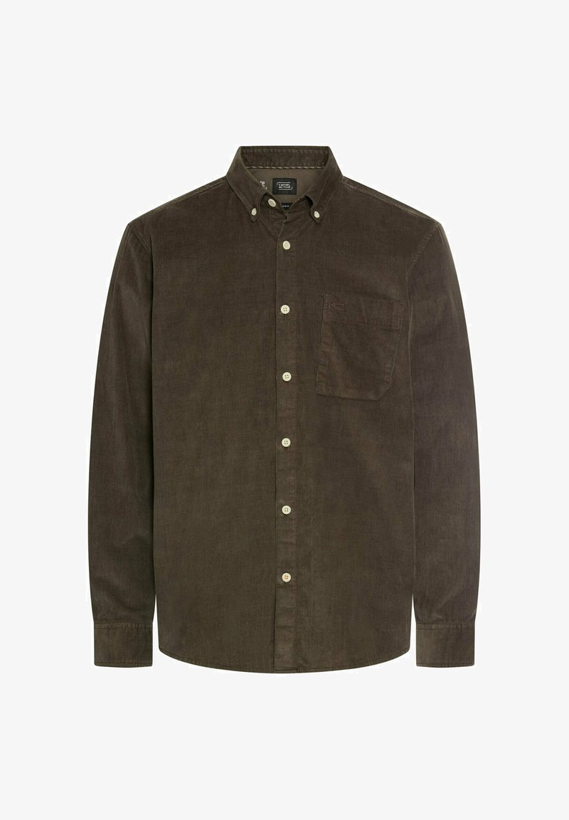 Brązowa koszula typu button-up z cordurowego materiału, z długimi rękawami, kieszenią na piersi i białymi guzikami. Tkanina ma prążkowaną teksturę.