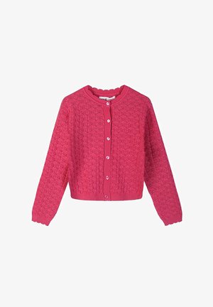 Cardigan rose tricoté à manches longues, boutonné, avec un motif géométrique et des bords festonnés sur le col, les poignets et l'ourlet.