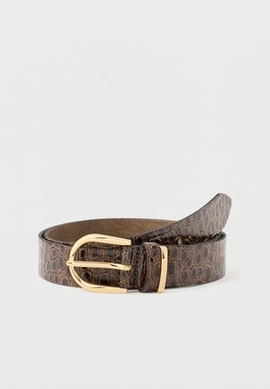 Brown crocodile-texture leather belt with gold metal buckle, partially coiled on a white background.