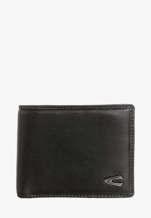 Sort læderpunge med en glat tekstur, bi-fold design og et subtilt mærke på forsiden. Har kontrasterende syninger.