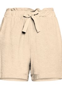 Pantalones cortos beige hechos de tela suave con cintura elástica y cordón. Presentan un ajuste relajado y una textura suave.