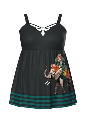 Musta hihaton mekko, jossa olkaimellinen pääntie, teelipun raidallinen helma ja värikäs kuva naisesta, jolla on kukkaseppele ja joka ratsastaa koristeltua elefanttia.