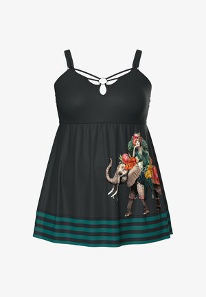 Vestido negro sin mangas con escote de tirantes, bajo a rayas en verde azulado y gráfico colorido de una mujer con tocado floral montando un elefante decorado.