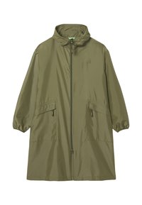 Giacca leggera lunga color verde oliva, con cappuccio, chiusura zip, polsini elasticizzati e due tasche frontali. Presenta un marchio minimale sul petto.