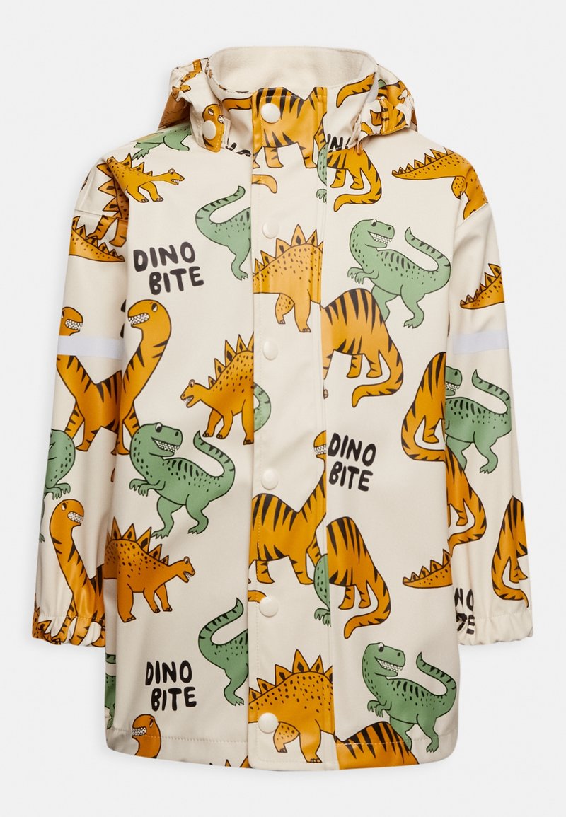 Vattentät barnregnjacka i krämfärg med färgglada dinosauriemönster; har en huva, tryckknappar och elastiska ärmslut.