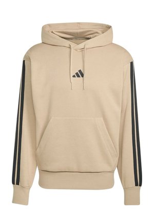 Beige hoodie with black Adidas logo on chest, black triple stripes down sleeves, front kangaroo pocket, and adjustable drawstring hood.