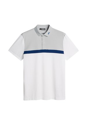 Polo shirt with a gray collar and upper section, white body, and navy horizontal stripe. Made from smooth fabric, featuring buttons.
