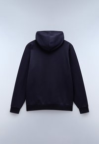 Felpa blu navy con cappuccio, caratterizzata da una texture morbida, maniche lunghe e polsini e orlo a coste. Nessuna grafica o motivo visibile.