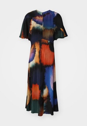Vestido com padrão floral, apresentando mangas curtas em estilo leve, decote redondo e fecho de zíper nas costas, com cores vibrantes, incluindo azul, laranja e preto.