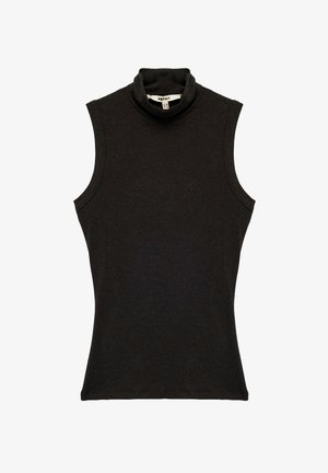 Black sleeveless turtleneck top, made from soft knit fabric. Fitted design with a high, rolled collar and clean, finished edges.