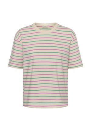 T-shirt rayé à lignes horizontales en rose, vert et crème. Tissu doux, col rond et coupe décontractée avec manches courtes.