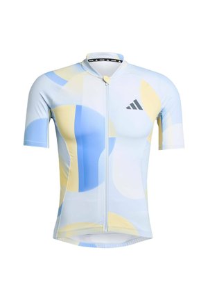 Maillot de cyclisme à manches courtes fabriqué en tissu léger et extensible. Présente un motif circulaire bleu, jaune et blanc avec une fermeture éclair sur le devant et le logo de la marque.