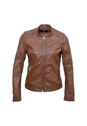 Veste en cuir brun au design ajusté, col montant, accents matelassés aux épaules et poches zippées sur les côtés. Texture lisse.