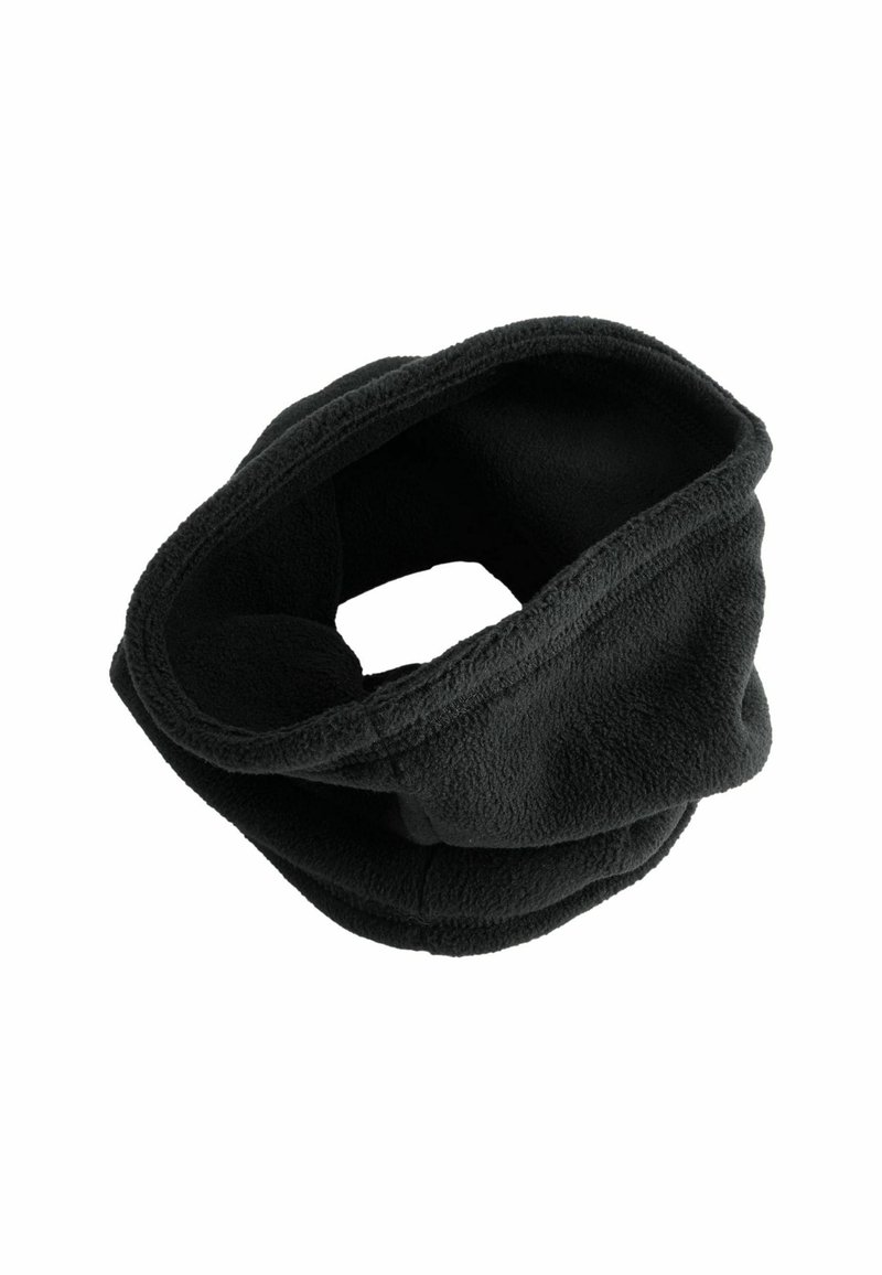 Mustat fleece-kaulurit, joissa on putkimainen muoto, pehmeä tekstuuri ja saumatön muotoilu. Ei näkyvää metalliosaa tai kuvioita, kevyt materiaali.