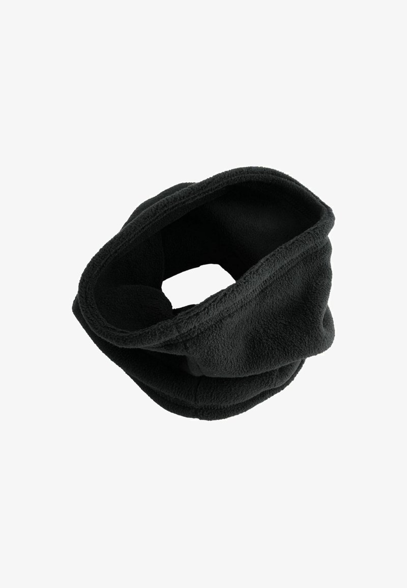 Juodas poliarinis kaklo šildytuvas, turintis vamzdinę formą, minkštą tekstūrą ir be siūlių dizainą. Nėra matomų tvirtinimų ar raštų, lengvas audinys.