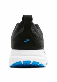 Scarpa sportiva nera con tomaia texturizzata, dettagli blu sul tallone e suola bianca ammortizzata con suola in gomma blu.
