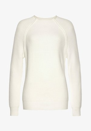 Rippoptik weißer Pullover mit langen Ärmeln, Rundhalsausschnitt und eng anliegendem Saum. Hergestellt aus weichem Strickmaterial mit strukturiertem Oberflächen.