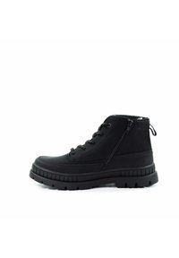 Schwarzer Knöchelstiefel mit glatter Textur, Schnürverschluss vorne, seitlichem Reißverschluss und robustem Profil. Gummisohle mit ausgeprägtem Profil.