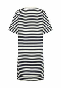 Striped t-shirt dress featuring navy and cream horizontal stripes, short sleeves, crew neck, and a relaxed fit. Made from soft cotton.