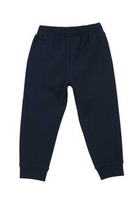 Un pantalon de jogging bleu marine en tissu doux, avec une taille élastique et des poignets ajustés. Texture lisse sans motifs ni accents visibles.