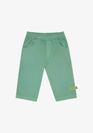 Pantaloni in cotone verdi con vita elasticizzata, due tasche laterali e una piccola etichetta colorata all'orlo. Design a gamba dritta e texture morbida.